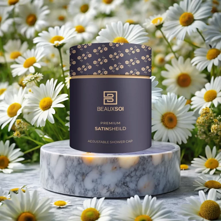 marble product stand surrounded by daisies