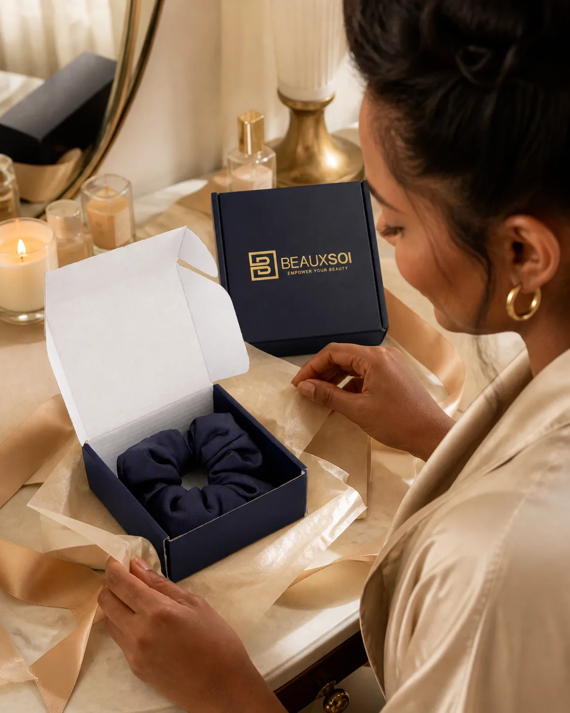 Signature Satin Scrunchy – Noir Pétale gallery image 3 thumbnail 4