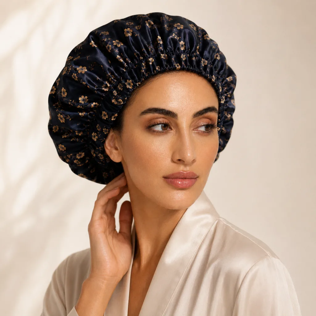 Premium Satin Shield – Fleur de Nuit satin shower cap on model